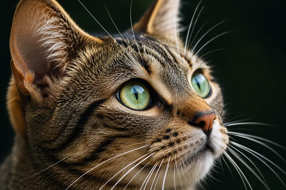 Close-up of a tabby cat with striking green eyes, detailed striped fur, long white whiskers and an alert expression against a dark background.