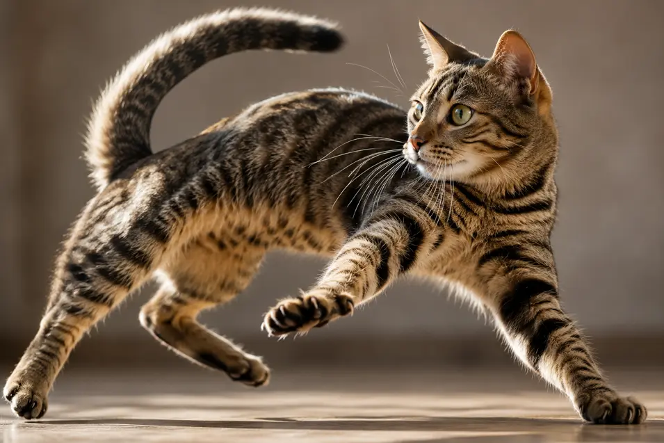 Tabby cat captured mid-leap with an arched tail, outstretched paws and alert green eyes in warm natural light.