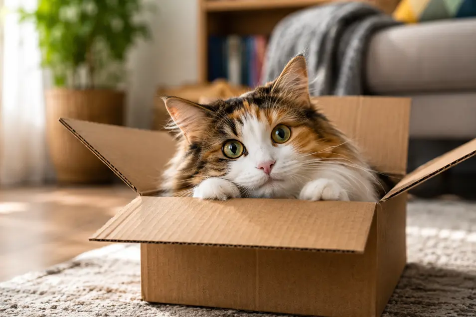 Calico cat relaxing inside an open cardboard box in a cozy, sunlit living room, with its paws resting on the edge.