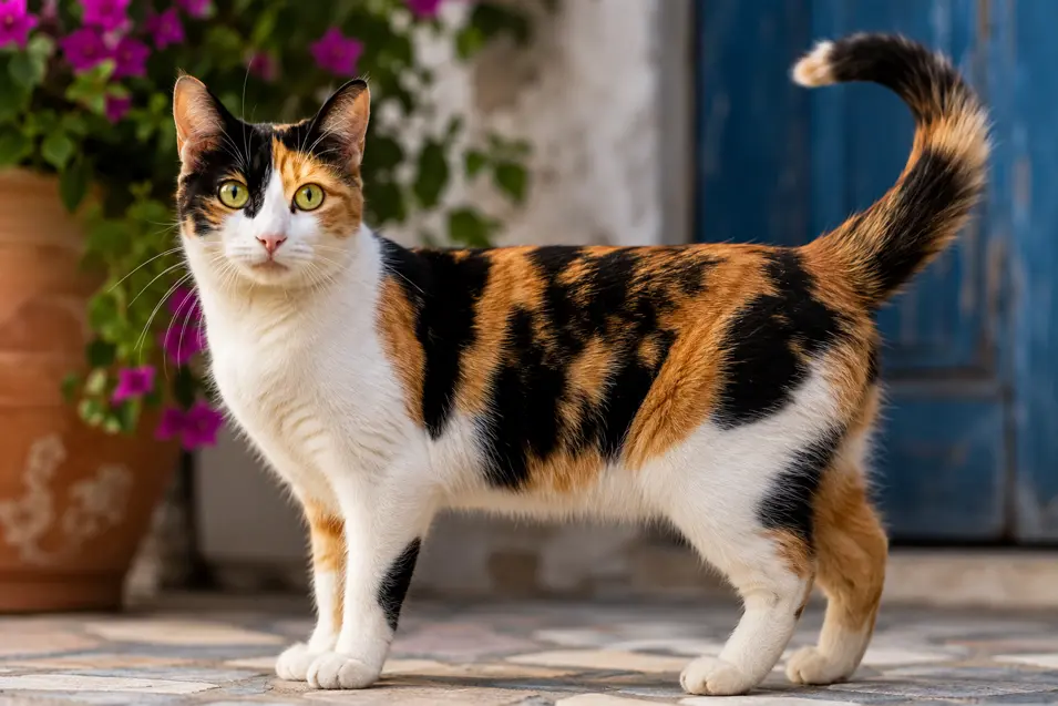 Calico cat with striking green eyes standing outdoors near colorful flowers and a blue door, with its tail held high.