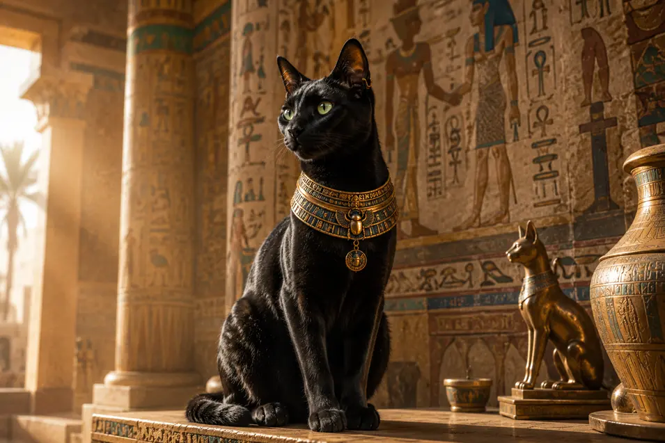 Black cat wearing an ornate Egyptian-style collar, seated inside an ancient temple decorated with hieroglyphics and cat statues.