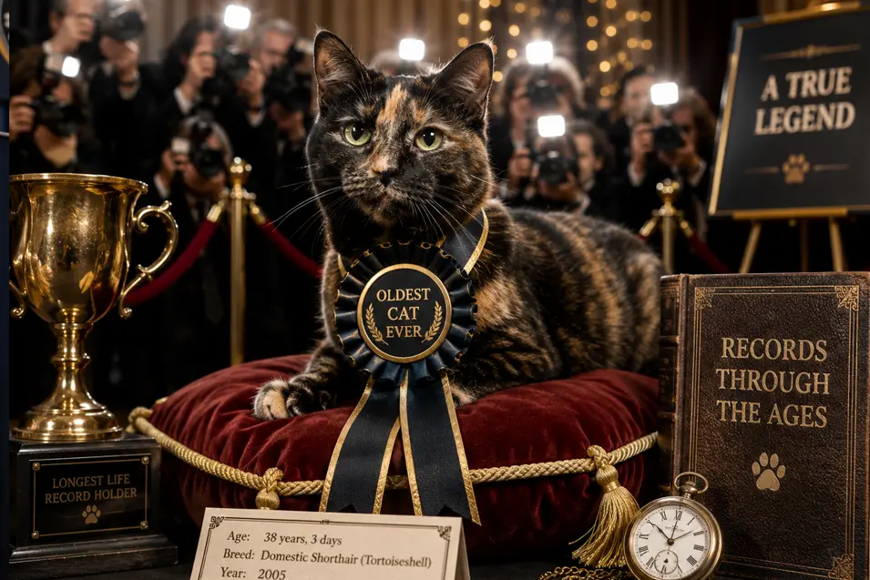 Tortoiseshell cat honored as the oldest cat ever, posed with a record ribbon, trophy and photographers at a celebratory awards display.