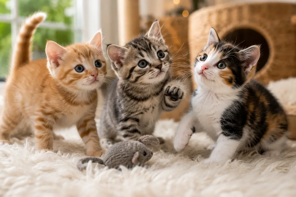 Three playful kittens—orange, tabby and calico—gather around a toy mouse on a soft rug in a cozy, sunlit room.