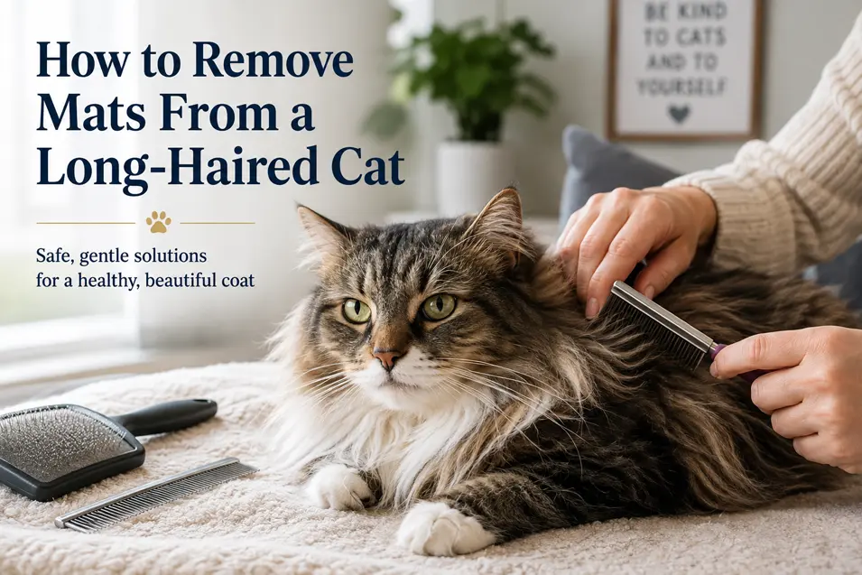 A long-haired tabby cat is gently groomed with a comb while relaxing on a soft blanket in a bright, cozy room.