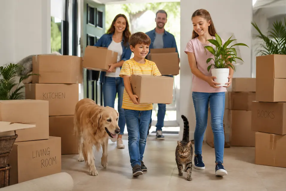 Happy family moving into a new home, carrying boxes and a potted plant through a bright, sunlit room filled with packed belongings. A golden retriever walks beside a young boy carrying a box, while a tabby cat strolls alongside a smiling girl, creating a warm and welcoming moving-day scene.