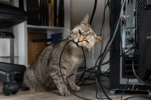 A curious tabby cat chews computer cords beside a desktop tower in a tidy home office, creating a playful yet hazardous scene.