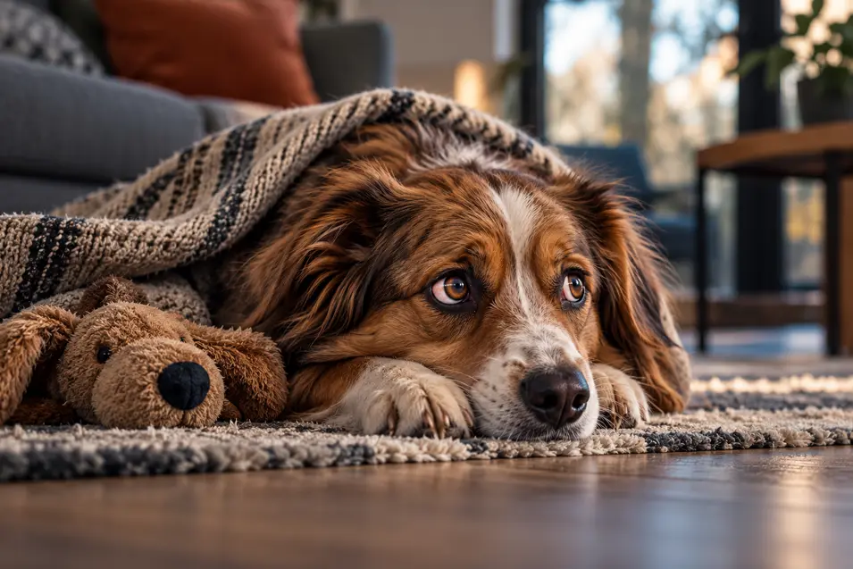 A brown-and-white dog rests under a cozy blanket beside a stuffed toy, relaxing on a rug in a warm, sunlit living room.