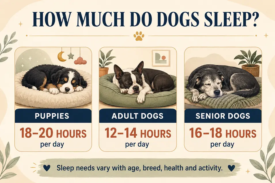 Infographic showing daily sleep needs: puppies 18–20 hours, adult dogs 12–14 hours, and senior dogs 16–18 hours.