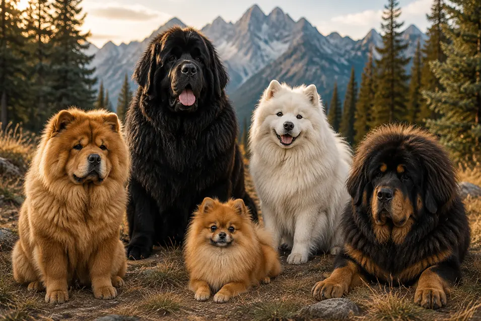Five fluffy dog breeds pose in a mountain forest at golden hour, framed by pine trees and rugged peaks.