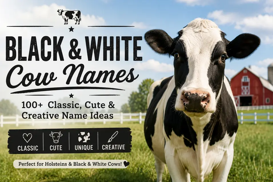 Black and white Holstein cow in a sunny farm pasture with a collection of classic, cute, unique and creative cow name ideas.