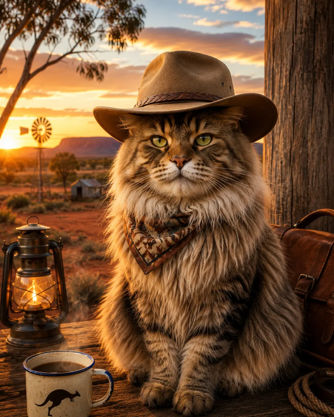 Majestic long-haired cat dressed as an Australian outback explorer, wearing an Akubra hat at sunset beside a windmill and rugged desert landscape.