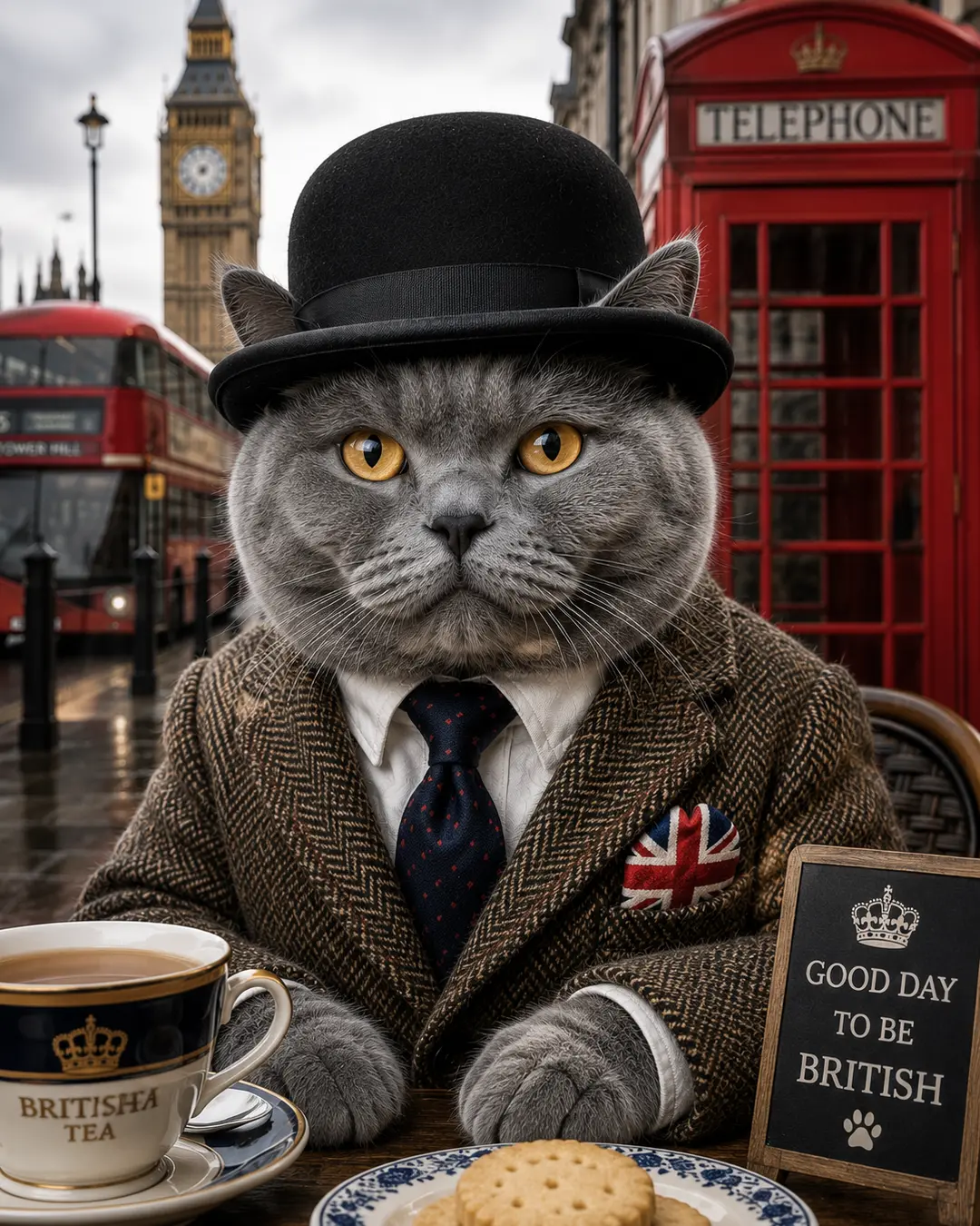 Sophisticated British Shorthair cat dressed as a London gentleman, enjoying tea beside Big Ben, a red phone booth, and iconic double-decker buses.