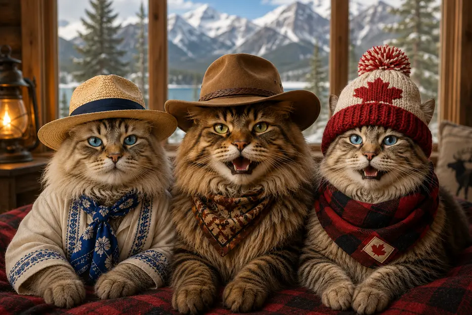 Three adventurous cats from Greece, Australia, and Canada relax together in a cozy mountain cabin, surrounded by snowy peaks, warm plaid blankets, and cheerful smiles.