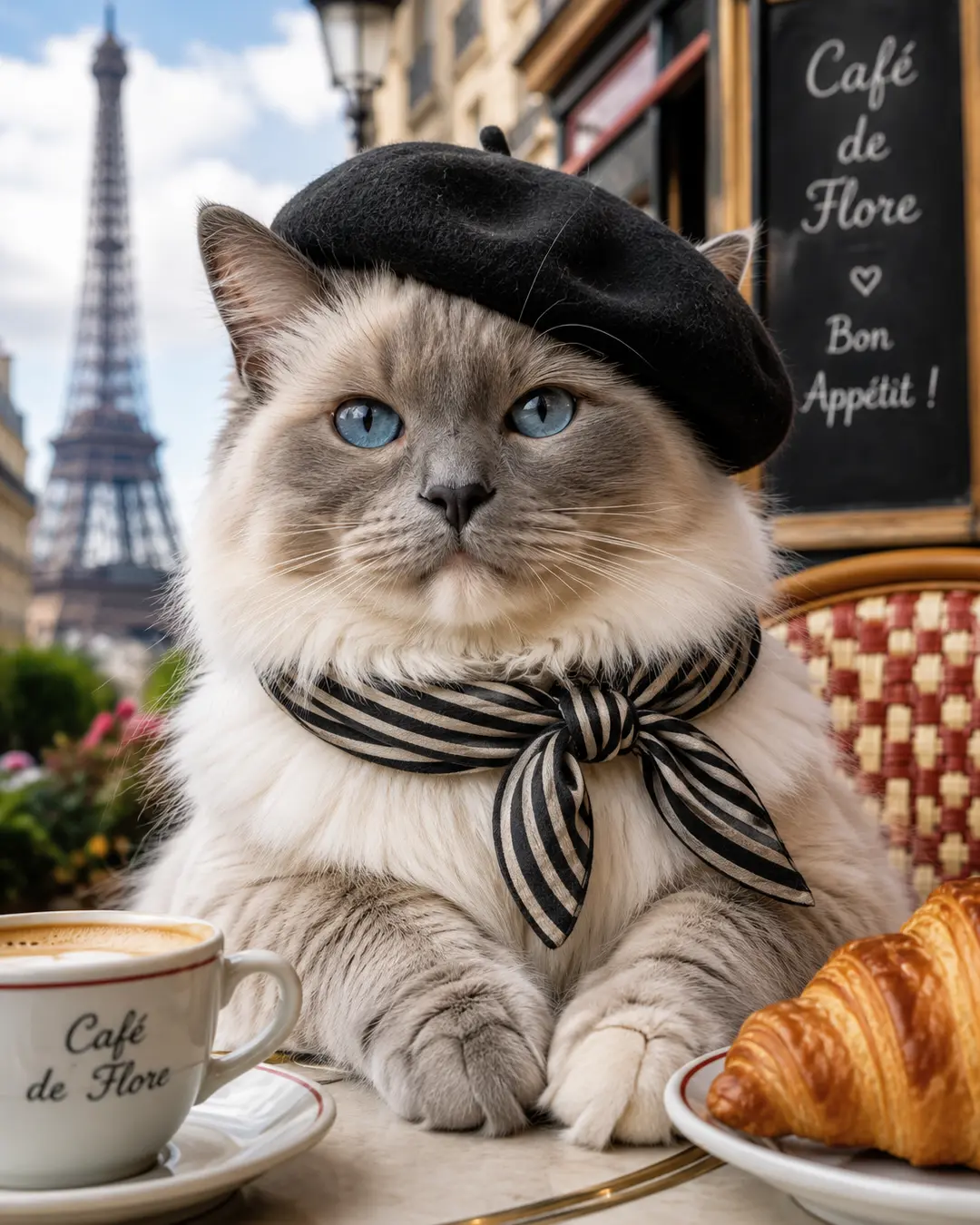 Elegant blue-eyed cat wearing a French beret and striped scarf, enjoying coffee and a croissant at a Paris café with the Eiffel Tower behind.