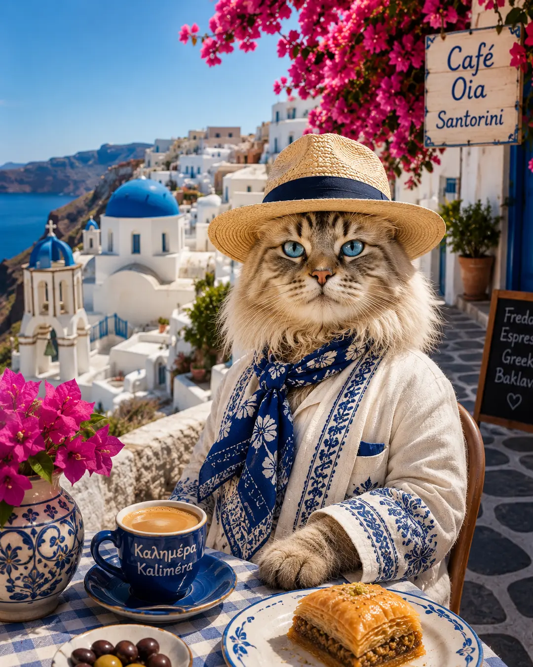 Blue-eyed cat dressed in elegant Greek island attire, enjoying coffee and baklava at a Santorini café overlooking iconic whitewashed buildings and blue domes.