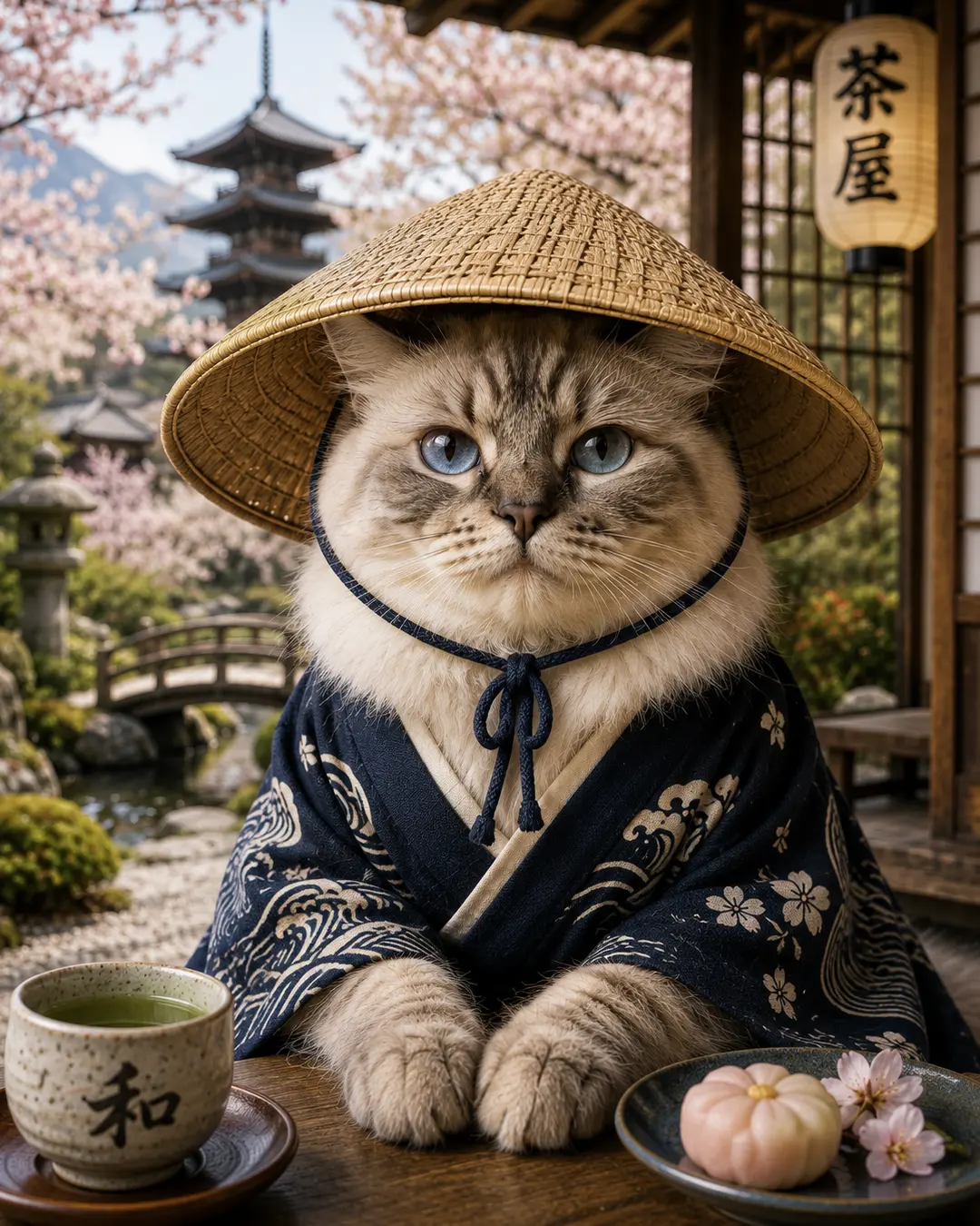 Blue-eyed cat dressed in a traditional Japanese kimono and straw hat, enjoying green tea in a tranquil garden with cherry blossoms and a pagoda.