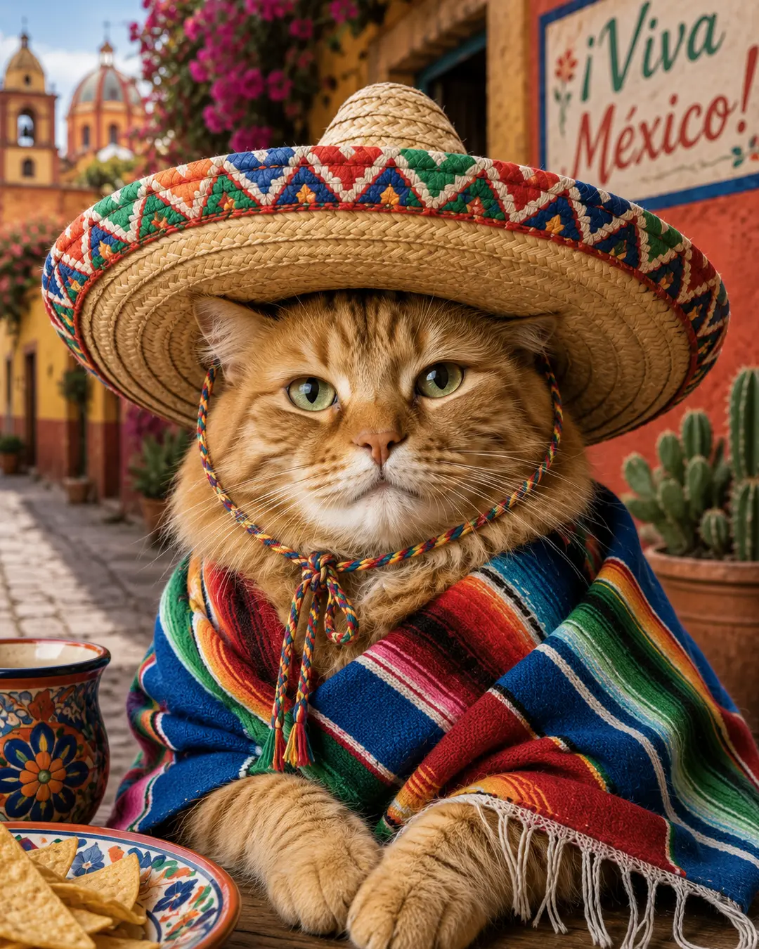 Orange tabby cat dressed in a colorful Mexican sombrero and serape, relaxing in a charming colonial street surrounded by vibrant flowers and cacti.