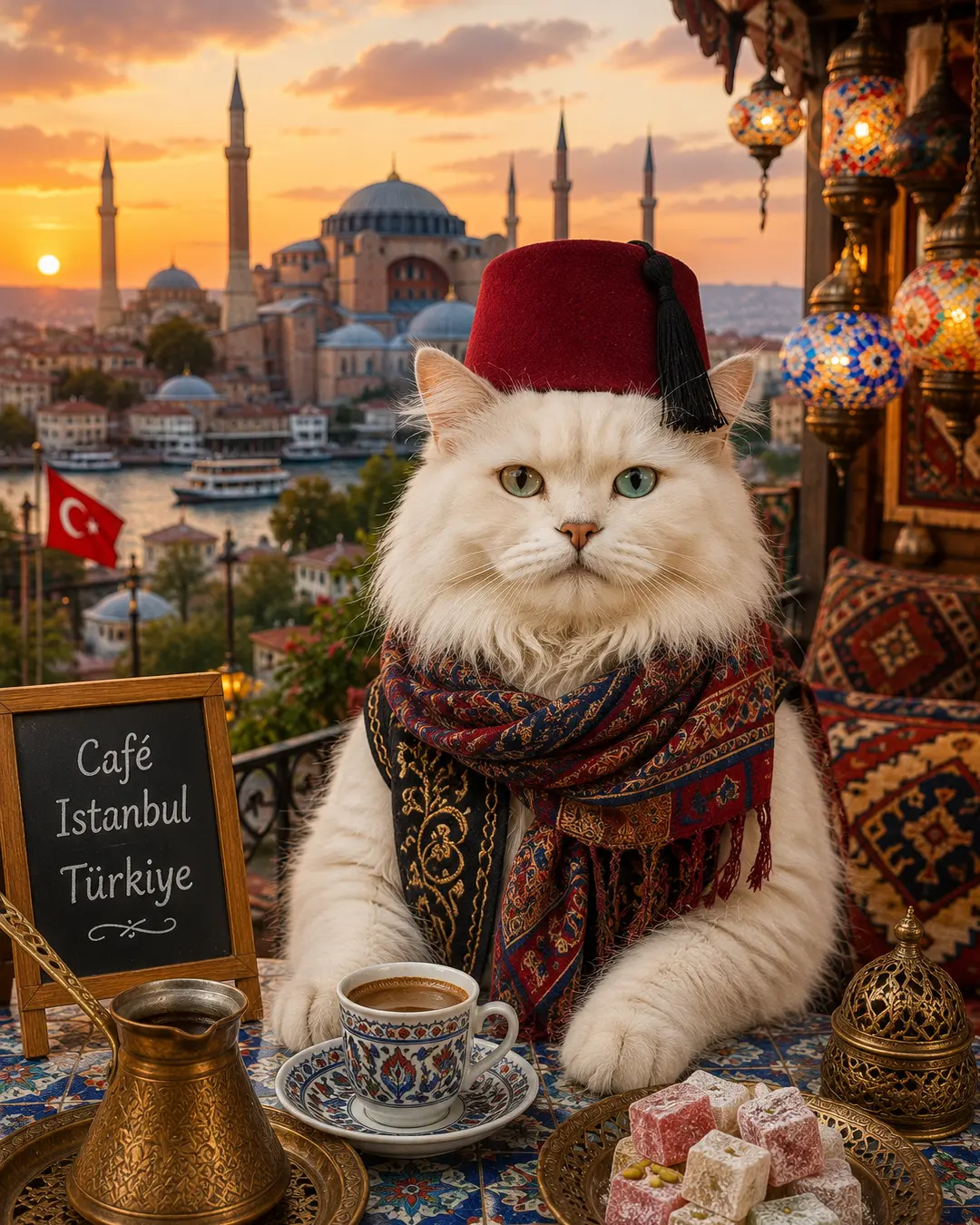 Elegant white cat wearing a traditional Turkish fez and ornate scarf, enjoying Turkish coffee with Istanbul's Hagia Sophia glowing at sunset.