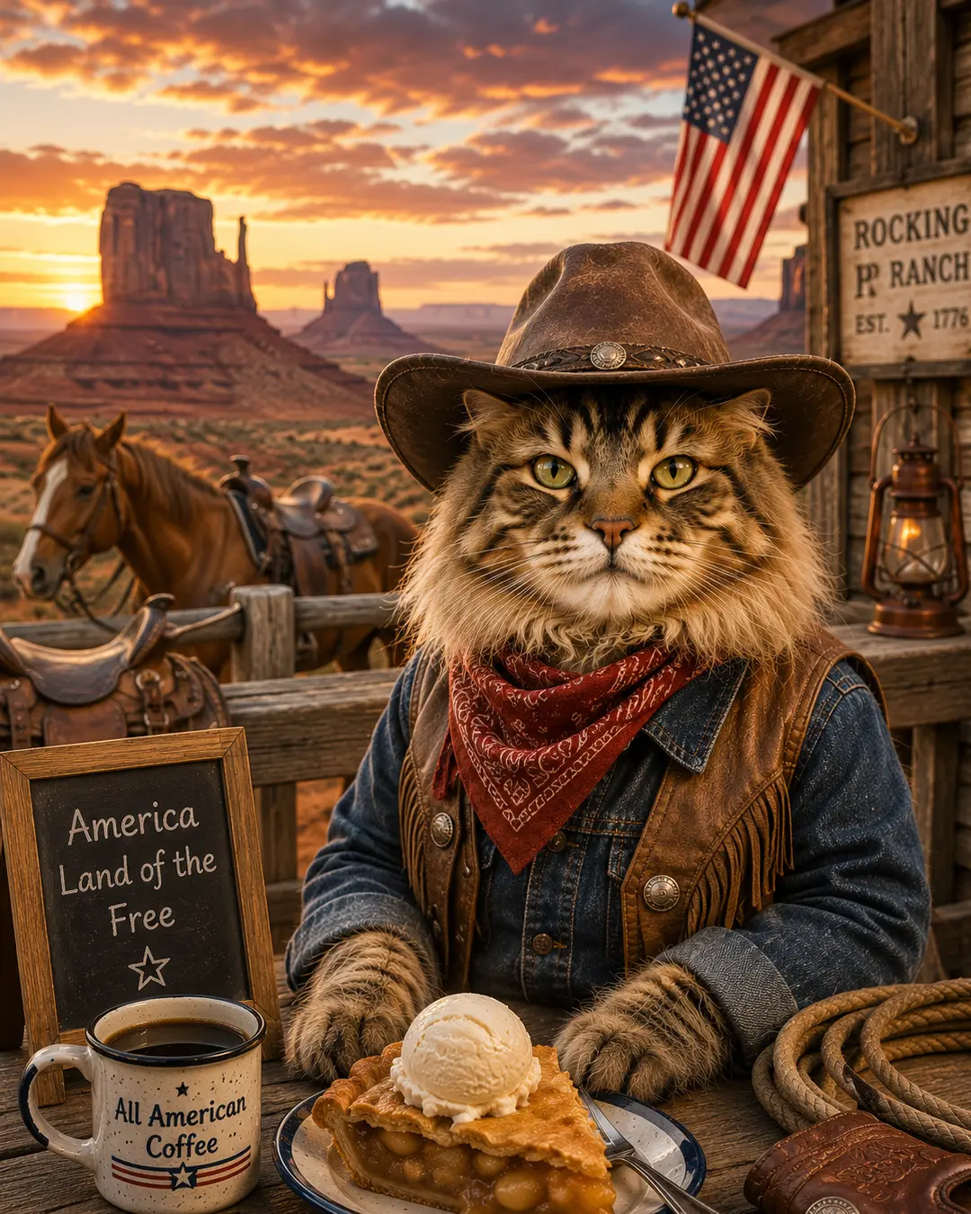 Majestic long-haired cat dressed as an American cowboy, enjoying coffee and apple pie on a western ranch with Monument Valley at sunset.