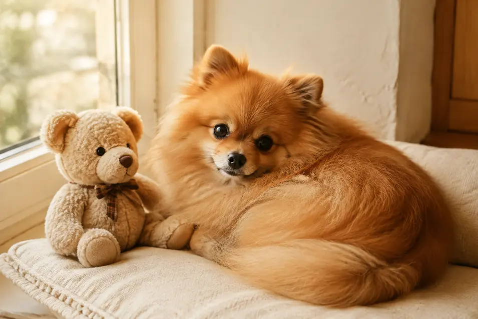 A fluffy Pomeranian curls up beside a teddy bear on a cozy window seat bathed in warm sunlight.