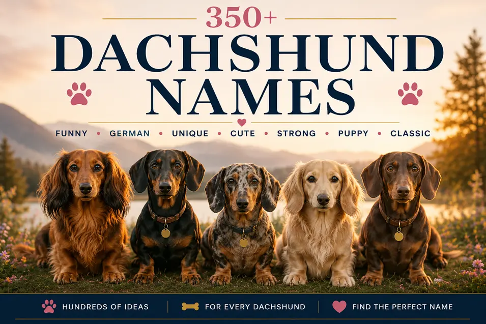Five Dachshunds sit together at sunset with mountains behind them beneath the title “350+ Dachshund Names,” highlighting funny, German, unique, cute, and classic ideas.