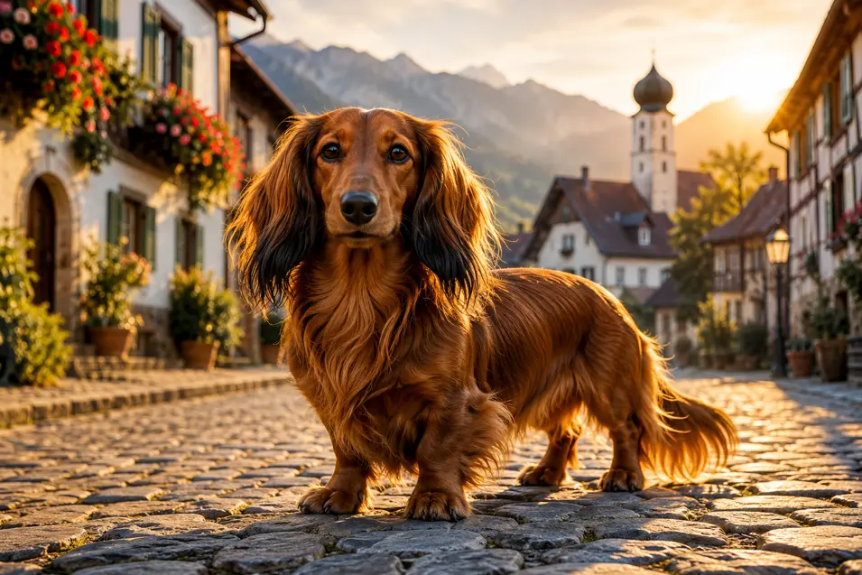 Long-haired Dachshund standing on a cobblestone street in a charming Bavarian village at golden hour, with alpine mountains and a historic church in the background.