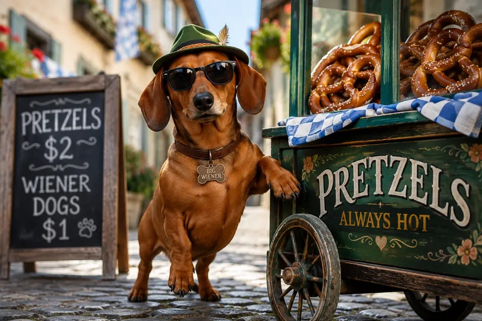 Funny Dachshund wearing sunglasses and a Bavarian hat beside a pretzel cart in a charming German village, with playful Oktoberfest-inspired street market vibes.