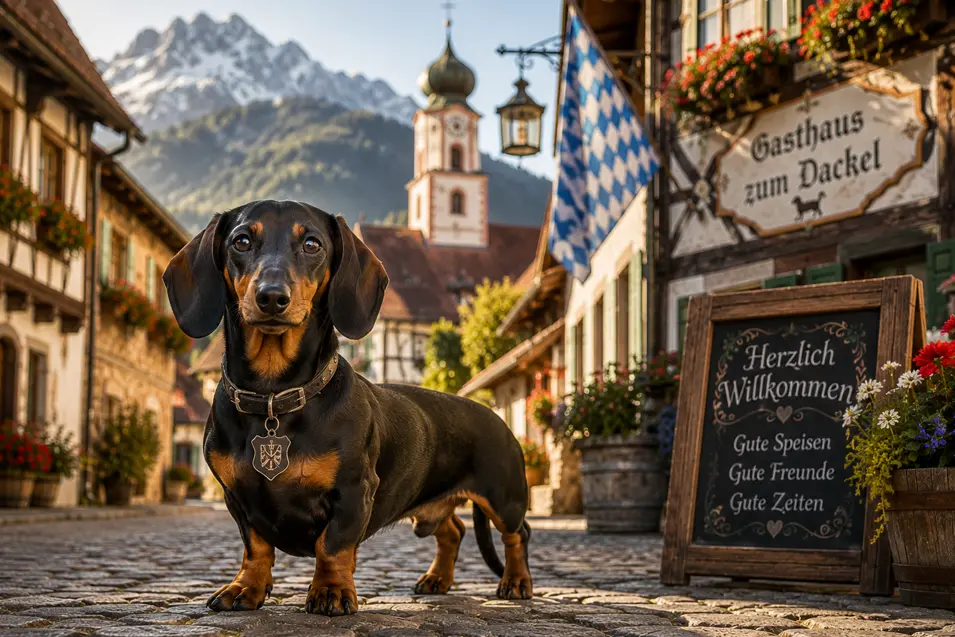 Black and tan Dachshund standing on a cobblestone street in a picturesque Bavarian village, with alpine peaks, timber-framed buildings, and a historic church behind.