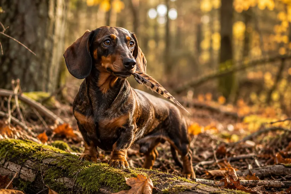 Smooth-haired Dachshund holding a game bird feather on an autumn woodland trail, showcasing the breed's natural hunting instincts in a beautiful forest setting.