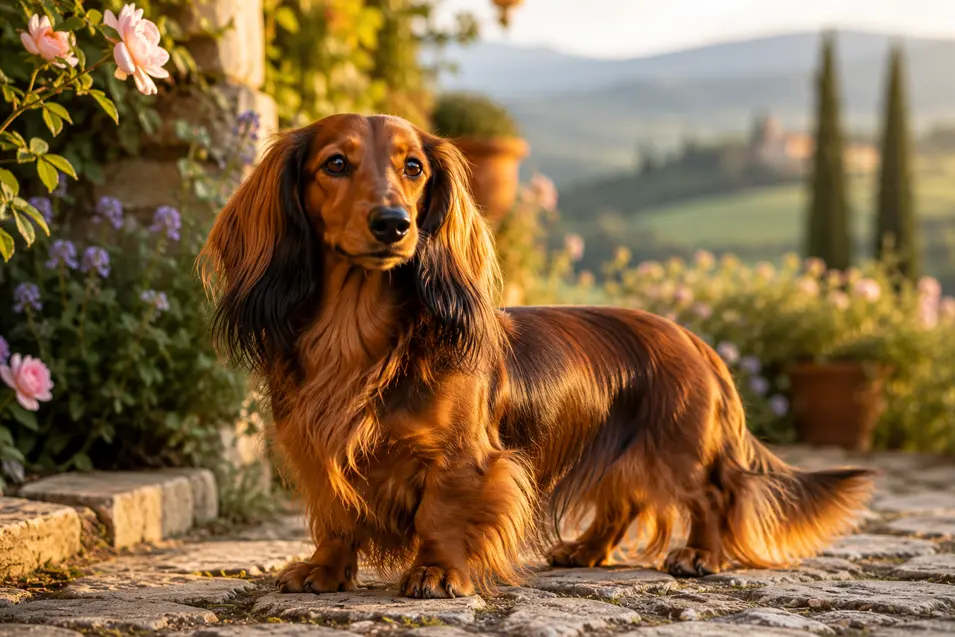 Long-haired Dachshund standing in a sunlit European garden, surrounded by blooming flowers and rolling countryside, with a glossy chestnut coat glowing at golden hour.