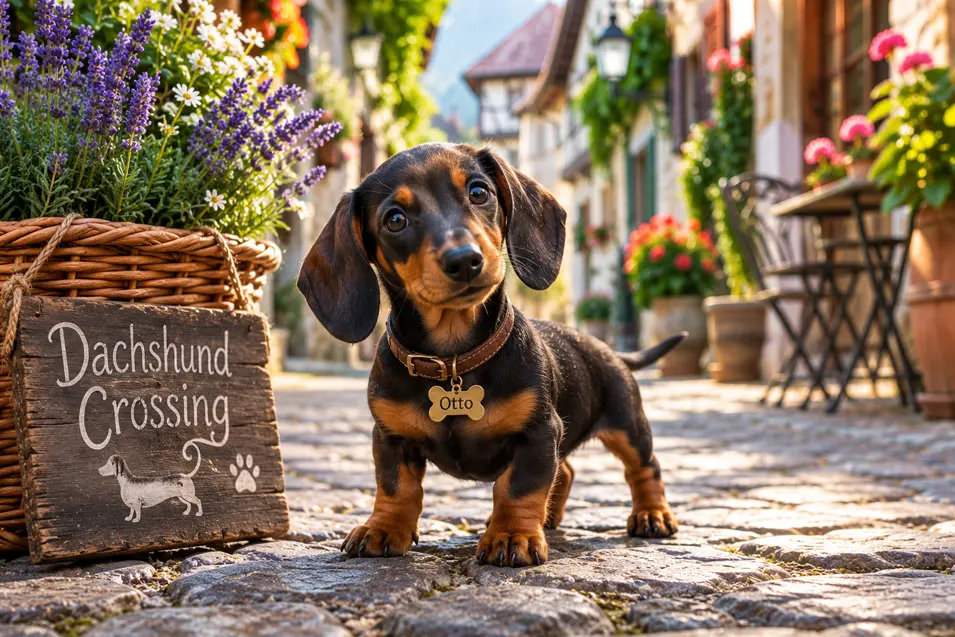 Curious Dachshund puppy with a tilted head on a cobblestone street in a charming Bavarian village, surrounded by colorful flowers and quaint European cottages.