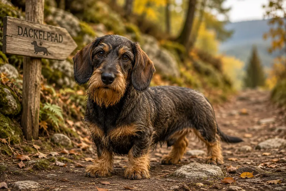 Wire-haired Dachshund standing on a scenic forest trail in autumn, beside a rustic signpost, with mossy rocks and golden woodland creating a rugged outdoor setting.