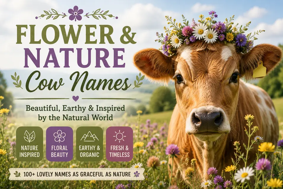 Brown cow wearing a wildflower crown in a sunny meadow, surrounded by colorful blooms and flower- and nature-inspired cow names.