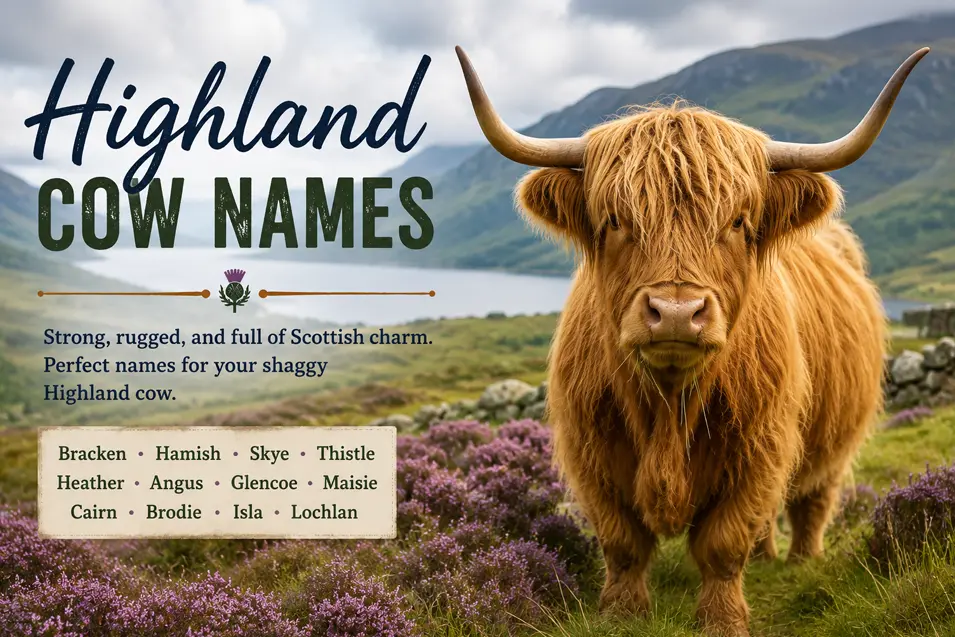 Shaggy Highland cow in the Scottish Highlands with a loch, heather and a selection of rugged, Scottish-inspired cow names.