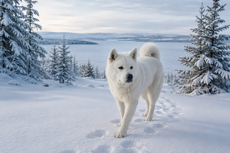 White Akita walking through fresh snow near frosted evergreen trees and a frozen lake.