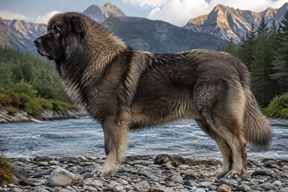 A massive, thick-coated Caucasian Shepherd stands beside a rocky river, framed by pine forests and rugged mountain peaks.