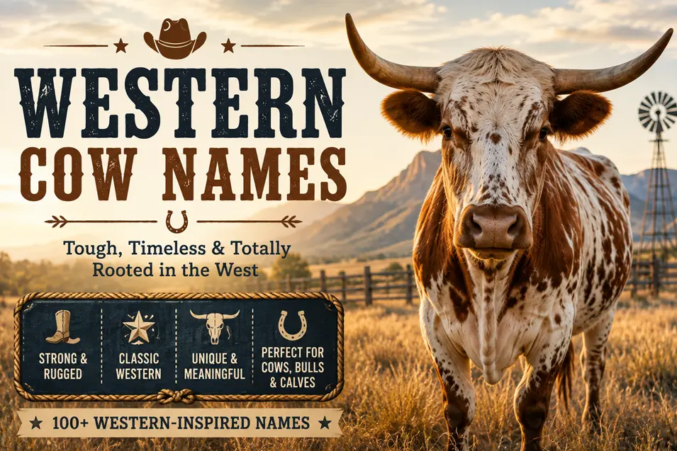 Western Longhorn cow on a golden-hour ranch with rugged, classic and unique cow name inspiration rooted in cowboy culture.