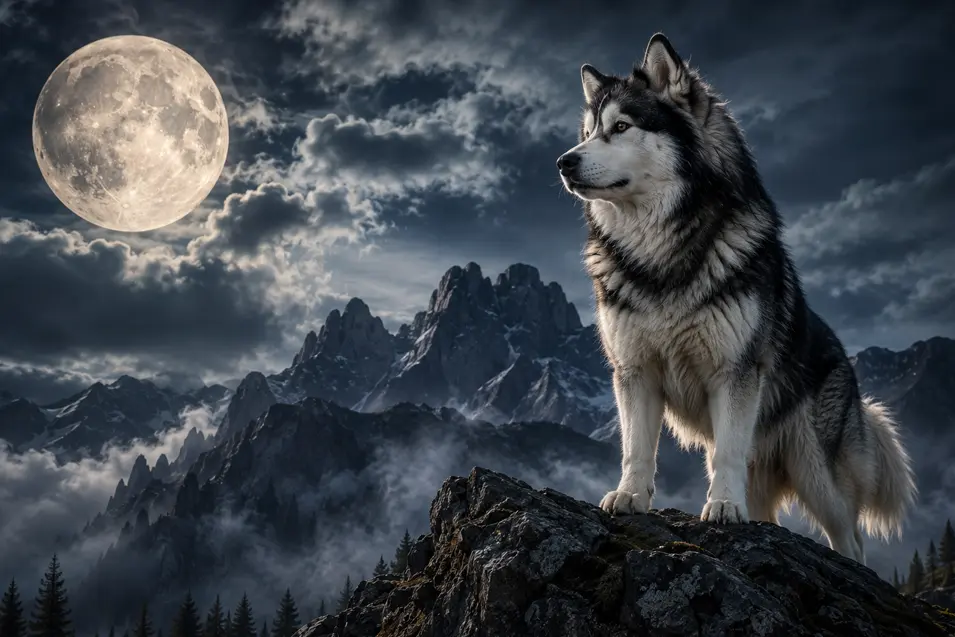 An Alaskan Malamute stands on a rocky mountain ridge beneath a huge full moon, surrounded by misty peaks and dramatic clouds.