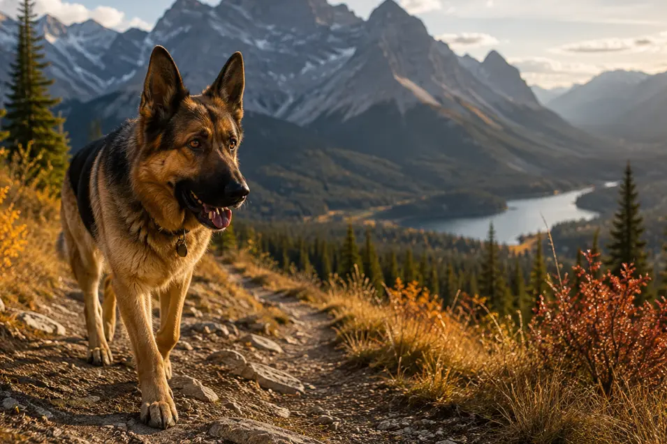 A German Shepherd explores a mountain trail in autumn, surrounded by golden grasses, evergreens, a distant lake and rugged peaks.