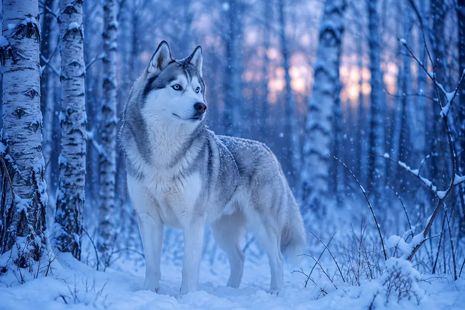 A blue-eyed Siberian Husky stands in a snowy birch forest at twilight as soft snow falls around her.