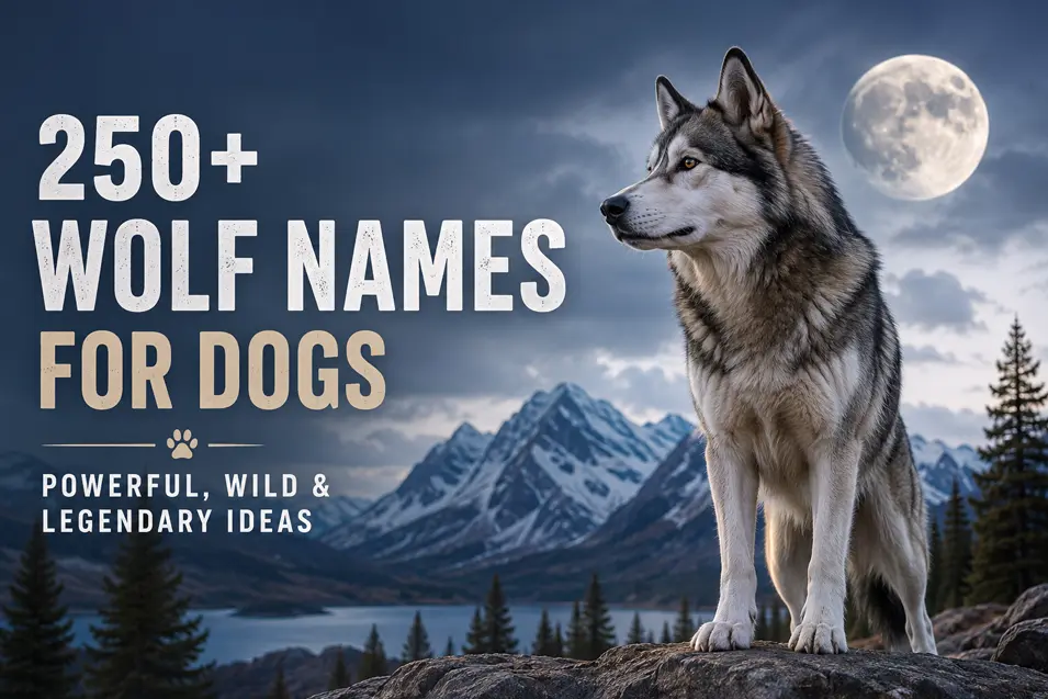 A Husky stands on a snowy mountain ridge beneath a full moon, overlooking a wild alpine landscape at twilight.