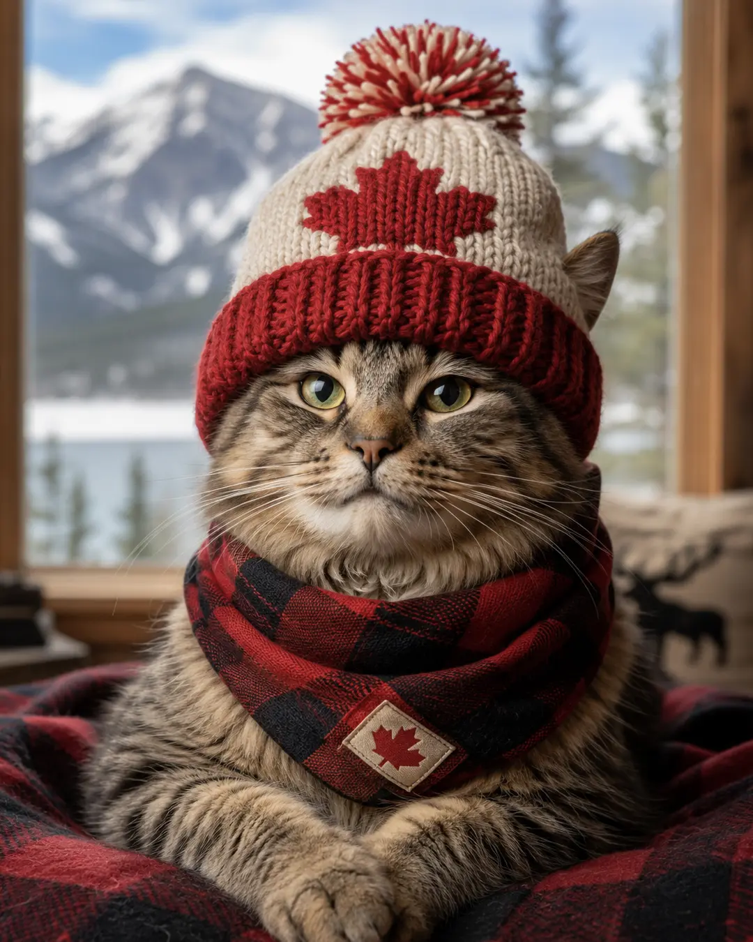 Cozy tabby cat wearing a Canadian maple leaf toque and plaid scarf, relaxing in a mountain cabin with snowy peaks in the background.