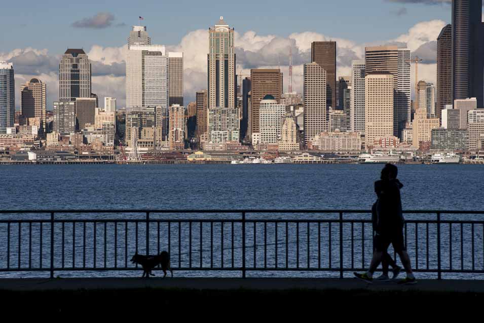 Picture of a couple walking dog in Seattle