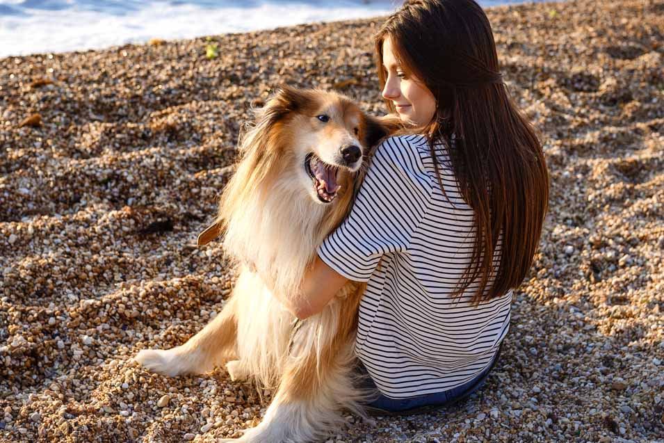 Picture of a Collie sitting with a woman on the beach
