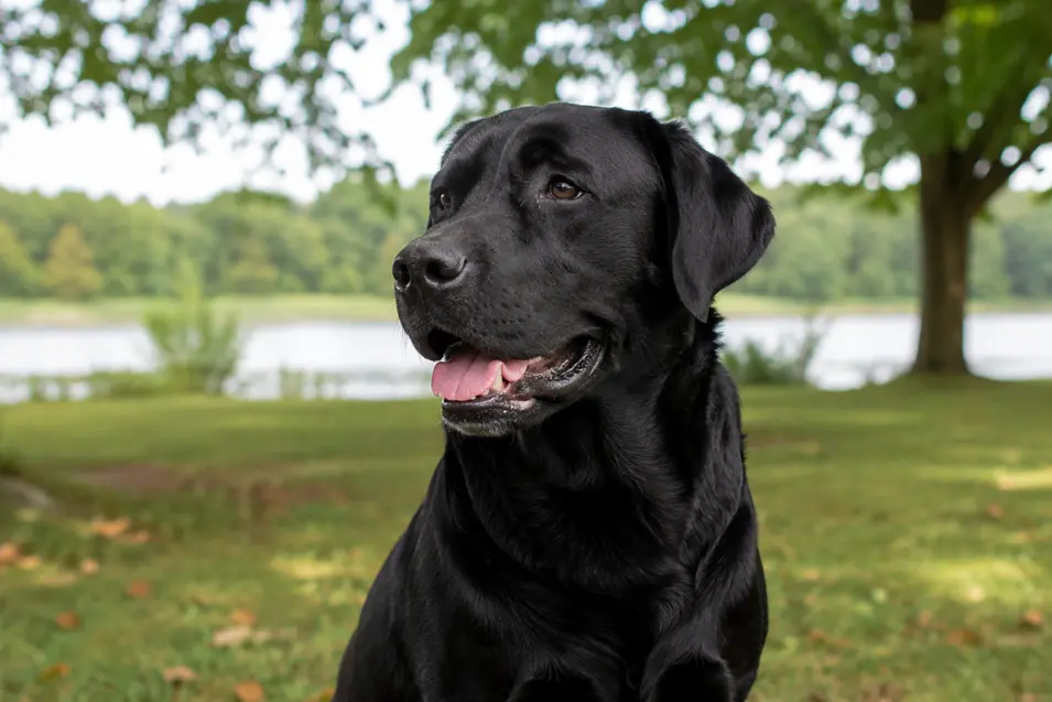 Black Labrador Retriever relaxing in a sunlit park beside a peaceful lake, captured in sharp focus with lush trees and a soft, natural background.
