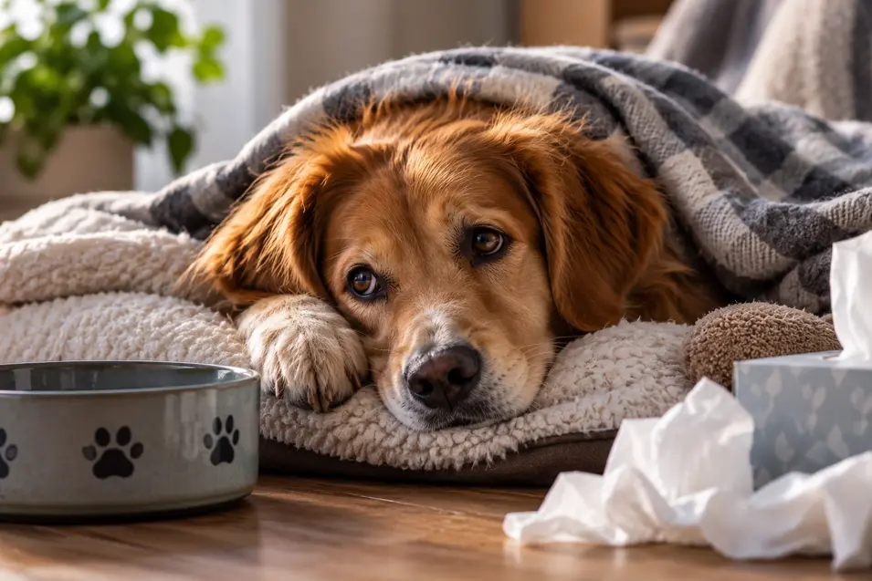 A sick-looking dog rests under a blanket beside a water bowl and tissues, appearing tired and under the weather.