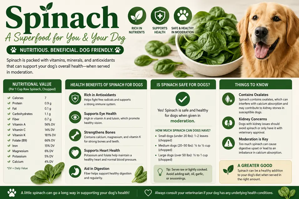 A colorful infographic explaining spinach's nutritional value, health benefits, safe serving sizes, and precautions for feeding spinach to dogs.