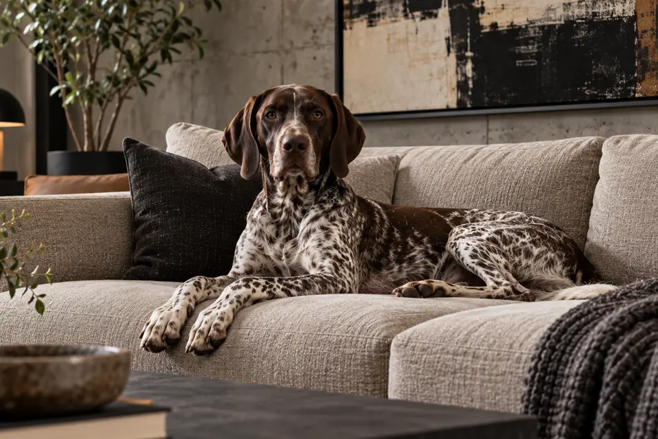 A German Shorthaired Pointer relaxes on a modern sofa in a stylish industrial living room with concrete walls and bold abstract art.