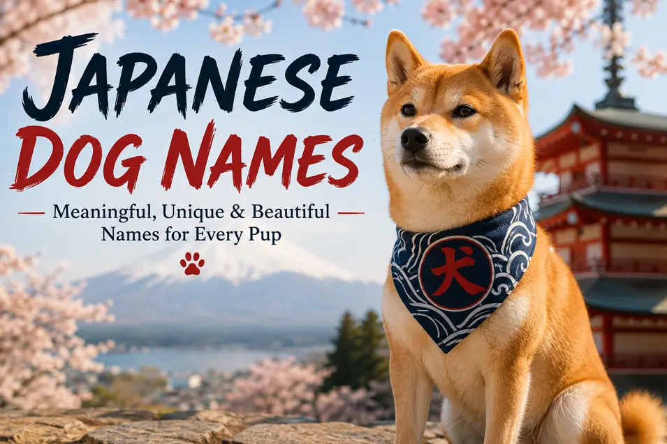 Japanese Dog Names feature image with a proud Shiba Inu, cherry blossoms, Mount Fuji, and a traditional Japanese temple in the background.