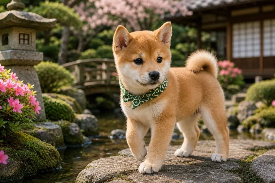 Adorable Shiba Inu puppy exploring a traditional Japanese garden with cherry blossoms, a stone lantern, koi pond, and peaceful wooden teahouse.